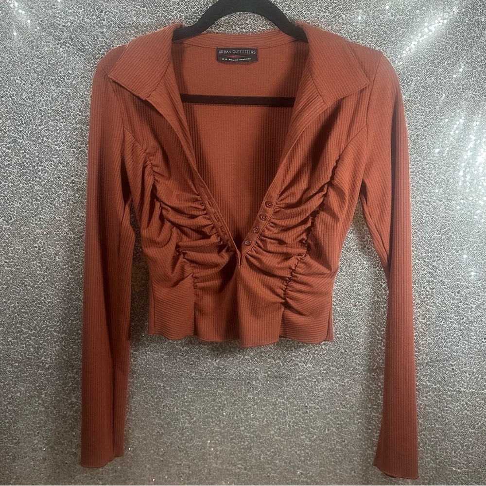 Urban Outfitters Ribbed Stretch Ruched Front Long Sleeve Polo